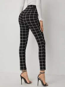 SHEIN Essnce Plaid Print High Waist Pants - Black - View 2