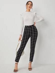 SHEIN Essnce Plaid Print High Waist Pants - Black - View 4