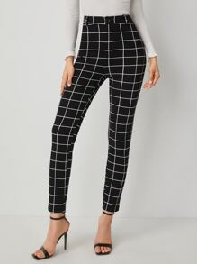 SHEIN Essnce Plaid Print High Waist Pants - Black - View 5