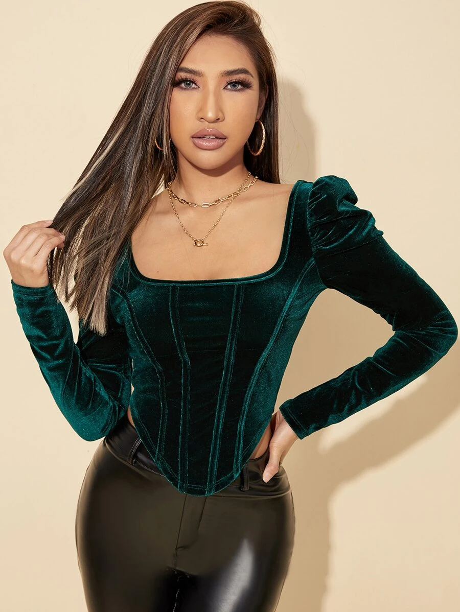 SHEIN BAE Square Neck Velvet Top - Dark Green - View 1