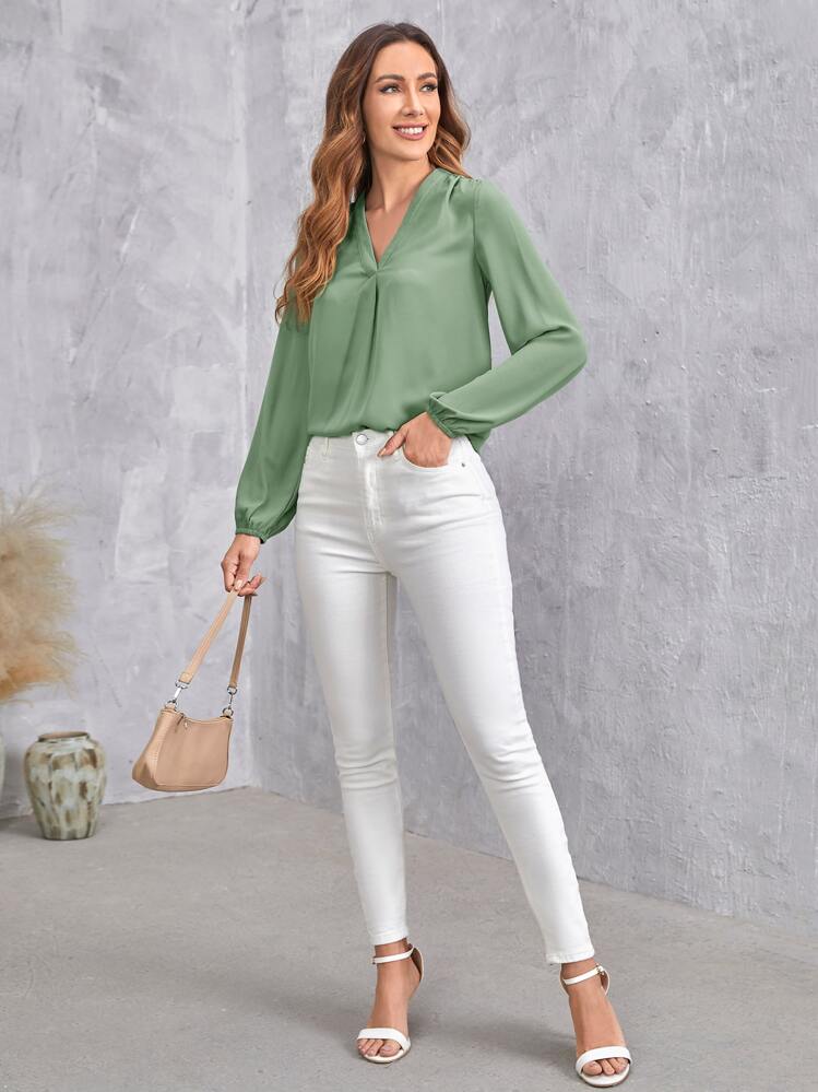 SHEIN Clasi V領燈籠袖素色上衣 - 薄荷綠 - 查看 4