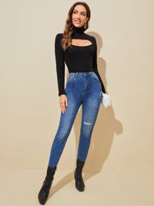 SHEIN BAE Áo liền quần ôm nữ Cắt ra màu trơn Gợi cảm - màu đen - Xem 3
