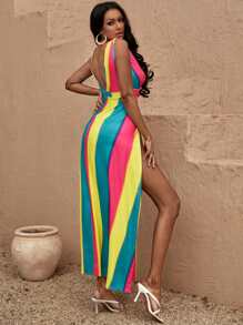 SHEIN SXY 撞色雙V領高衩洋裝 - 彩色 - 查看 2