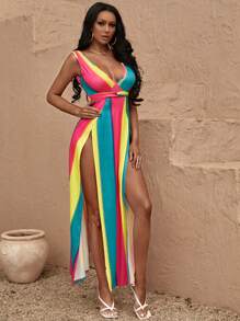 SHEIN SXY 撞色雙V領高衩洋裝 - 彩色 - 查看 4