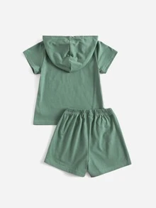 小男童字母圖案連帽T恤和短褲 - 綠色 - 查看 2