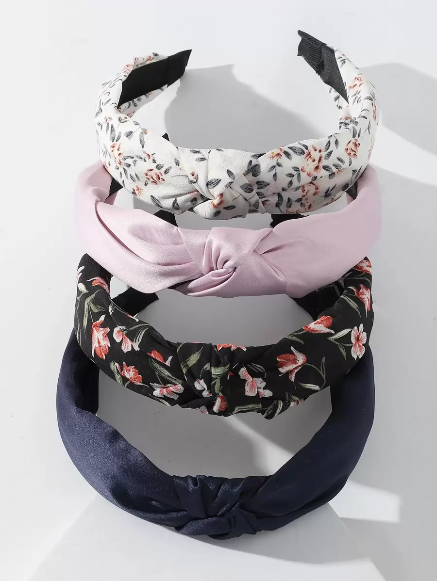 4件套花朵印花打结发箍，波西米亚休闲花朵发带，发箍头饰，头饰配饰 - 彩色 - 查看 1