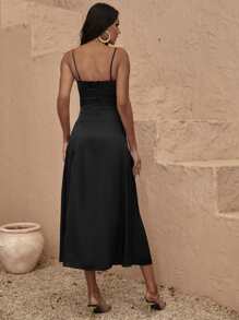 SHEIN SXY Lace Trim Zip Back Split Thigh Cami Dress - Black - View 2