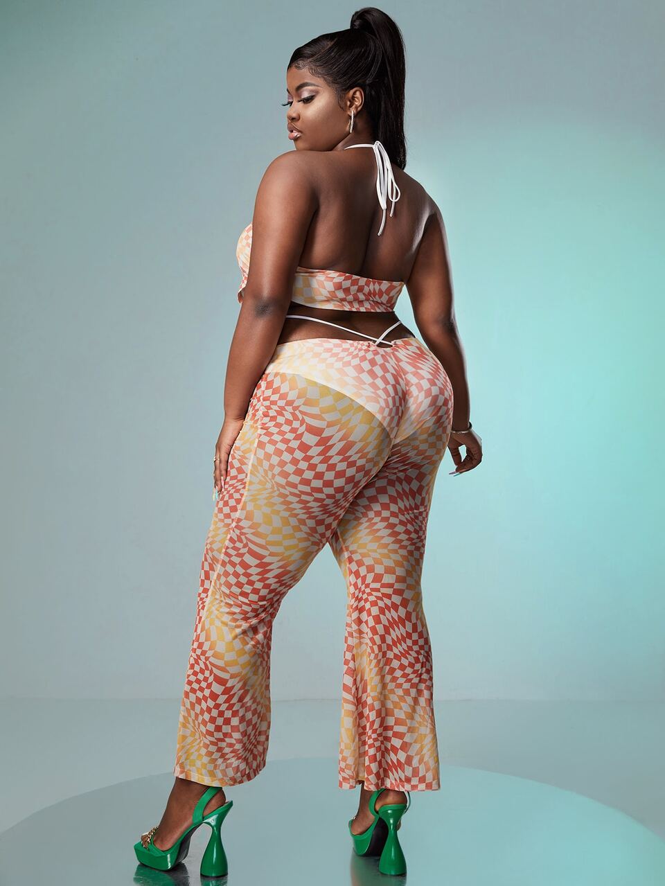 Plus Geo Print Mesh Halter Top And Flare Leg Pants Without Panty
