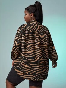 Slaydiva Áo khoác cỡ lớn Nút Túi Sọc ngựa vằn Thanh lịch - Nhiều màu - Xem 2