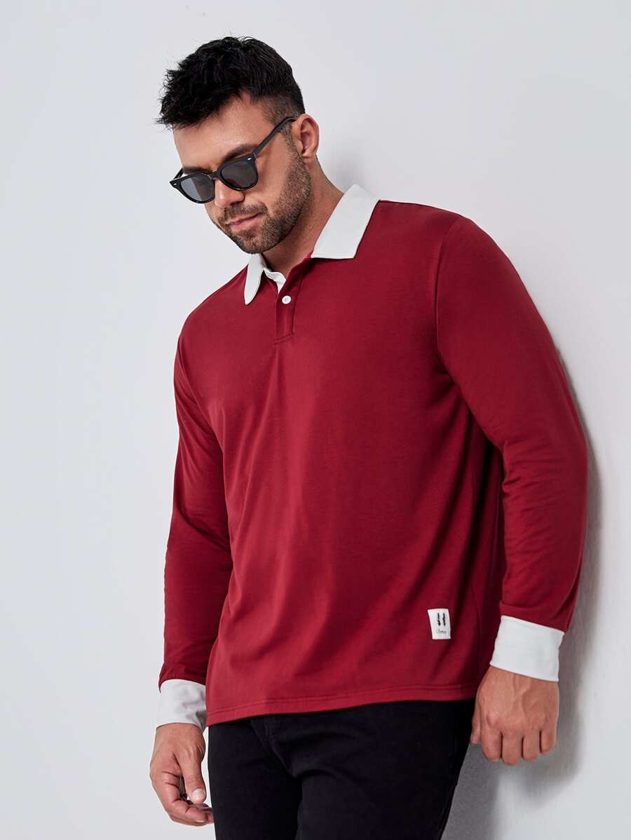 Manfinity 男士字母貼布POLO衫 - 酒紅色 - 查看 1