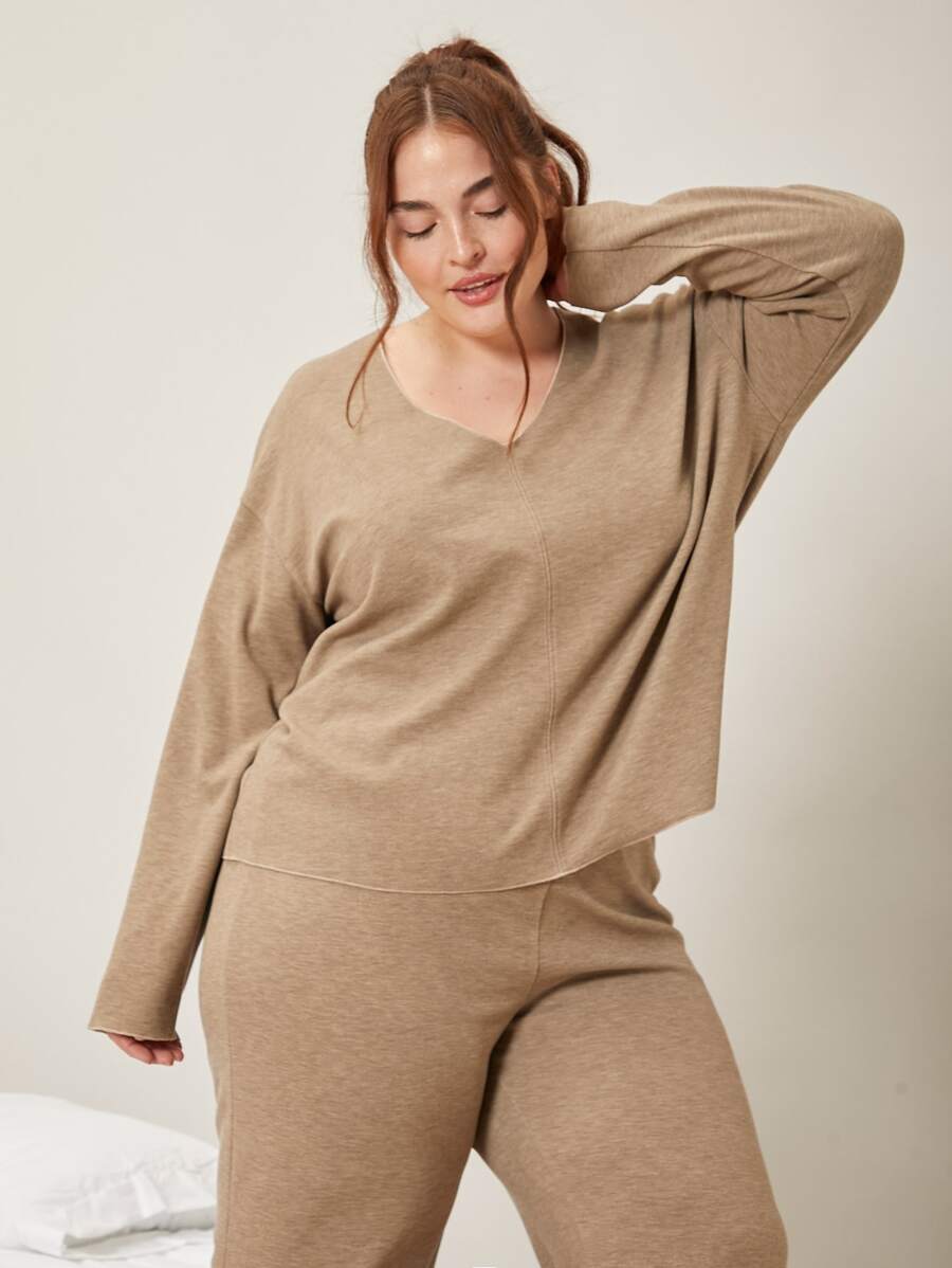 SHEIN Plus Viscose Sleep Top - Khaki - View 1