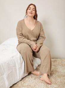 SHEIN Plus Viscose Sleep Top - Khaki - View 4