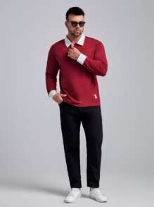 Manfinity 男士字母貼布POLO衫 - 酒紅色 - 查看 5