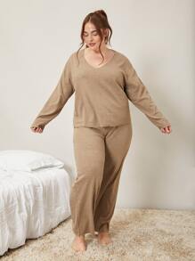 SHEIN Plus Viscose Sleep Top - Khaki - View 7