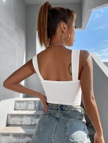 前打結短款寬帶上衣 - 白色 - 查看 2