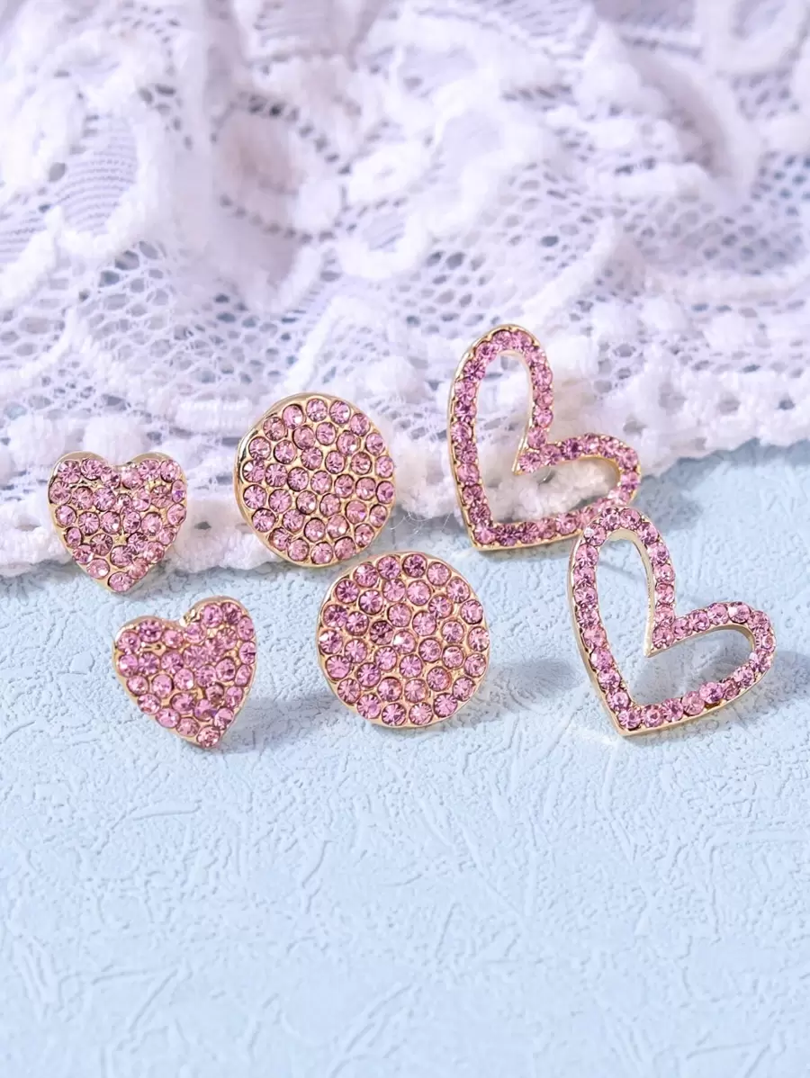 6pcs Rhinestone Decor Heart Shaped Earrings Valentines,Mom,Mother,Mother's Day,Gift - Pink - View 1