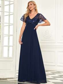 EVERPRETTY Sequin Leaf Mesh Prom Dress - Navy Blue - View 1