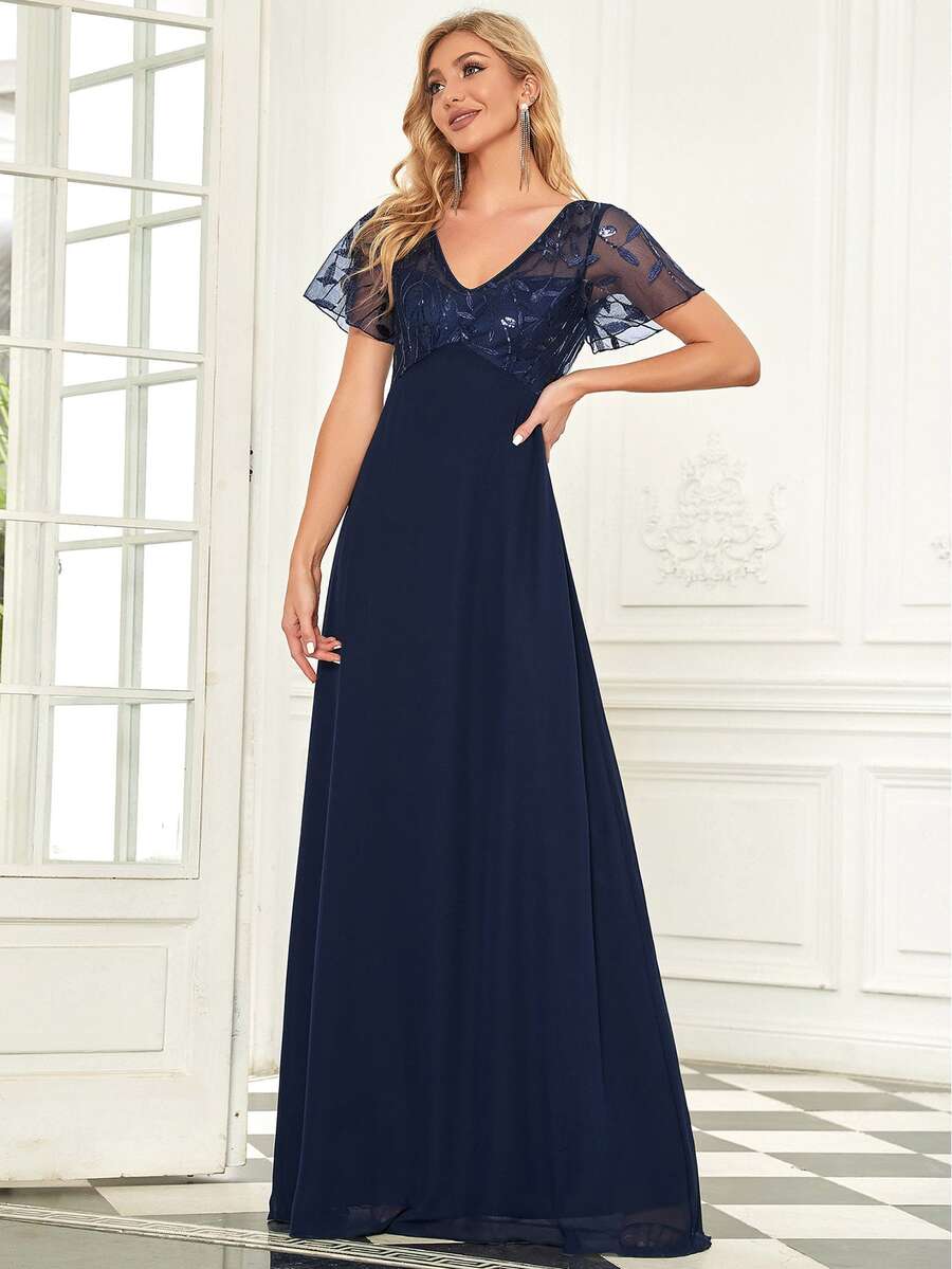 EVERPRETTY Sequin Leaf Mesh Prom Dress - Navy Blue - View 1