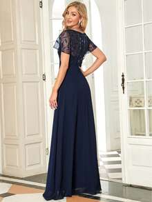 EVERPRETTY Sequin Leaf Mesh Prom Dress - Navy Blue - View 2