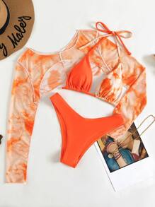 3packs Tie Dye Micro Triangle Bikini Set & Cover Up Top, For Summer Beach Vacation - Orange - View 5