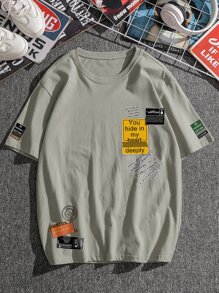 Manfinity EMRG Hombres Camiseta con estampado de slogan - Caqui - Ver 1