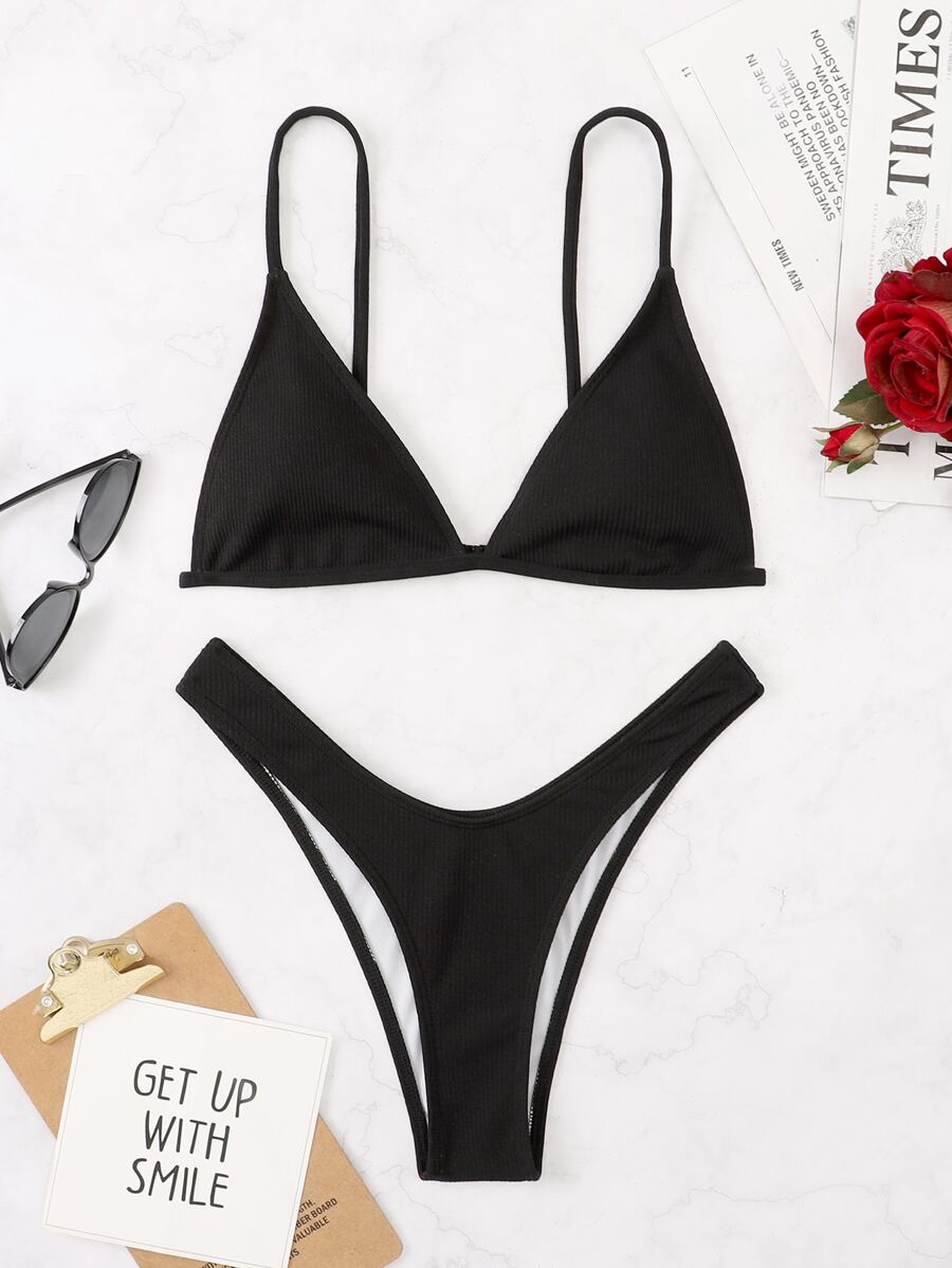 Conjunto de bikini de corte alto y tirantes en forma de triángulo para playa de verano - Negro - Ver 1
