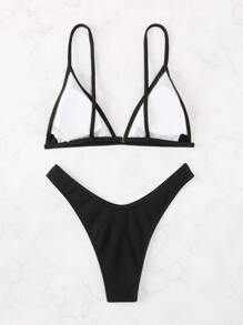 Conjunto de bikini de corte alto y tirantes en forma de triángulo para playa de verano - Negro - Ver 2
