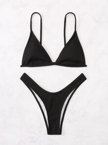 Conjunto de bikini de corte alto y tirantes en forma de triángulo para playa de verano - Negro - Ver 5