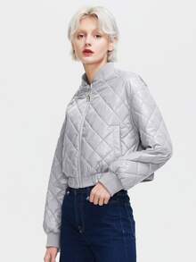 ZIAI Women's Winter Solid Color Baseball Collar Long Sleeved Casual Puffer Jacket - Light Grey - View 3