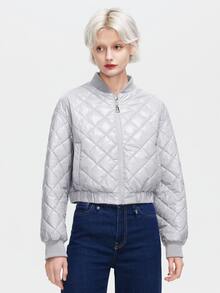 ZIAI Women's Winter Solid Color Baseball Collar Long Sleeved Casual Puffer Jacket - Light Grey - View 4