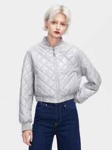 ZIAI Women's Winter Solid Color Baseball Collar Long Sleeved Casual Puffer Jacket - Light Grey - View 5