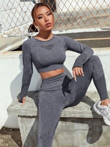 Yoga Basic 2pcs Seamless High Stretch Fitness Yoga Suit Workout Set Thumb Holes Cut Out Back Tee Tummy Control Tights - Grey - View 2