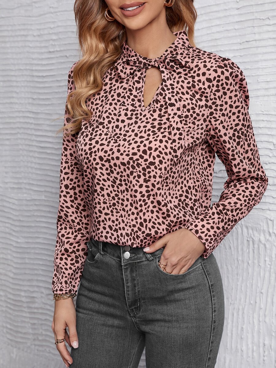 SHEIN Clasi Dalmatian Print Tie Neck Puff Sleeve Blouse - Multicolor - View 1