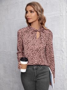 SHEIN Clasi Dalmatian Print Tie Neck Puff Sleeve Blouse - Multicolor - View 3