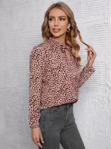 SHEIN Clasi Dalmatian Print Tie Neck Puff Sleeve Blouse - Multicolor - View 4