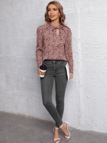 SHEIN Clasi Dalmatian Print Tie Neck Puff Sleeve Blouse - Multicolor - View 5