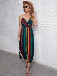 SHEIN LUNE Block Striped Surplice Neck Belted Cami Jumpsuit - Multicolor - View 5