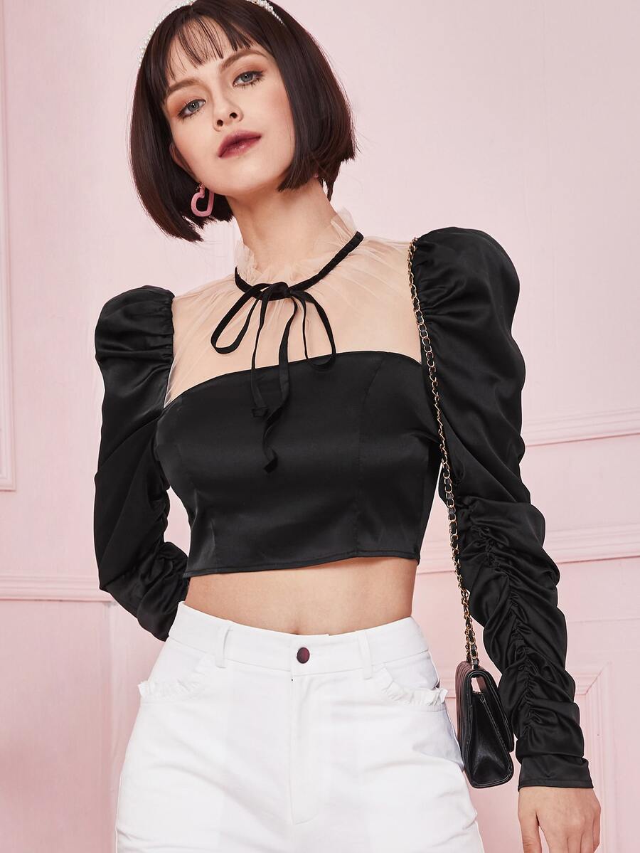 SHEIN Áo sơ mi nữ Tương phản Mesh viền lá sen Xù Thắt nơ trước Khối Màu Gợi cảm - màu đen - Xem 1