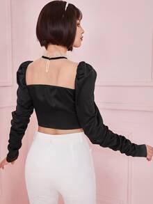 SHEIN Áo sơ mi nữ Tương phản Mesh viền lá sen Xù Thắt nơ trước Khối Màu Gợi cảm - màu đen - Xem 2