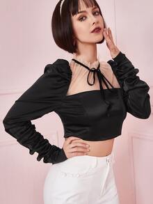 SHEIN Áo sơ mi nữ Tương phản Mesh viền lá sen Xù Thắt nơ trước Khối Màu Gợi cảm - màu đen - Xem 3