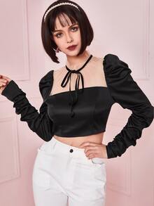 SHEIN Áo sơ mi nữ Tương phản Mesh viền lá sen Xù Thắt nơ trước Khối Màu Gợi cảm - màu đen - Xem 4