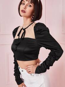 SHEIN Áo sơ mi nữ Tương phản Mesh viền lá sen Xù Thắt nơ trước Khối Màu Gợi cảm - màu đen - Xem 5