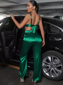 SHEIN SXY 純色緞面西裝 - 綠色 - 查看 2