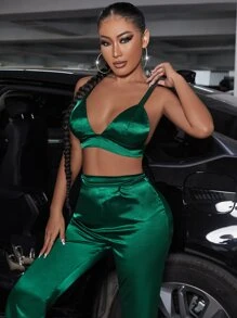 SHEIN SXY 純色緞面西裝 - 綠色 - 查看 4