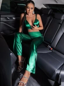 SHEIN SXY 純色緞面西裝 - 綠色 - 查看 5