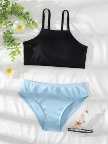 Tween Girl Color Block Bikini Set Summer Beach - Multicolor - View 1