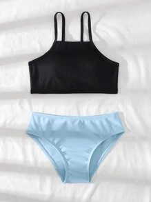 Tween Girl Color Block Bikini Set Summer Beach - Multicolor - View 4