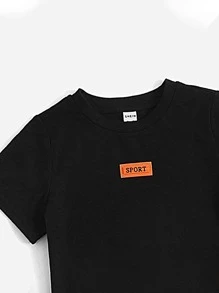 SHEIN Chàng trai trẻ Thư được vá Áo thun & Eo dây rút Quần short - màu đen - Xem 3