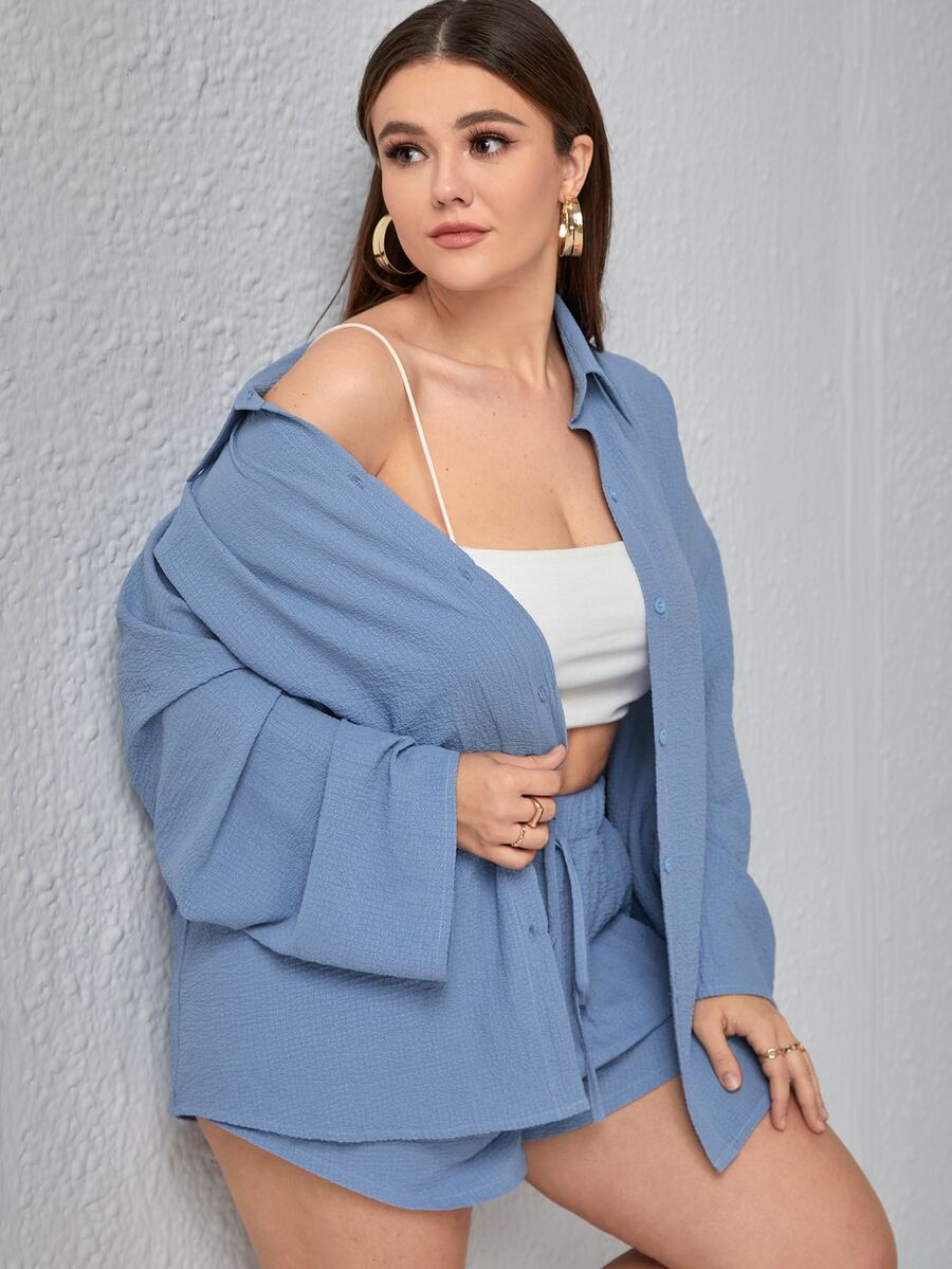 SHEIN Unity Plus Textured Drop Shoulder Blouse & Shorts - Dusty Blue - View 1
