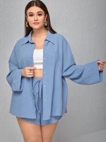 SHEIN Unity Plus Textured Drop Shoulder Blouse & Shorts - Dusty Blue - View 3